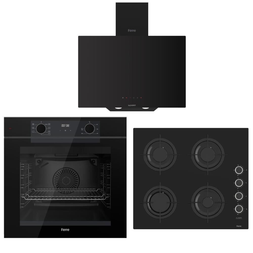 Ferre Artline Siyah Ankastre Set (D077-SA Siyah Davlumbaz - CS205-FA 60 CM Siyah Ocak - QEP63CS Fryart Fırın)