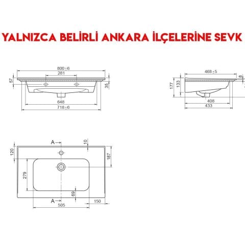 Turkuaz Blue 80x47 cm Etajerli Lavabo