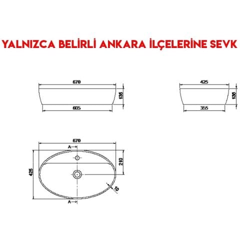 Turkuaz One 67x42 cm Batarya Delikli Tezgah Üstü Lavabo