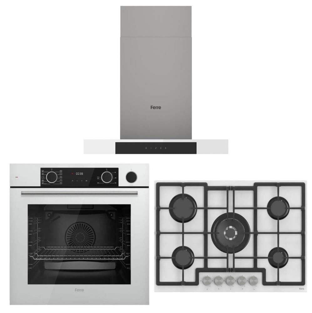 Ferre Fryart Steam Beyaz Set ( D101 Beyaz Davlumbaz -ED036 75 CM Beyaz Ocak- XE64CB Fryart Steam Beyaz Fırın)