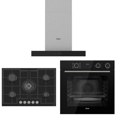 Ferre FryartSteam Siyah Ankastre Set (D100 Siyah T Tipi Davlumbaz-ED035 Siyah Ocak- XE64CS FryartSteam Siyah Fırın)