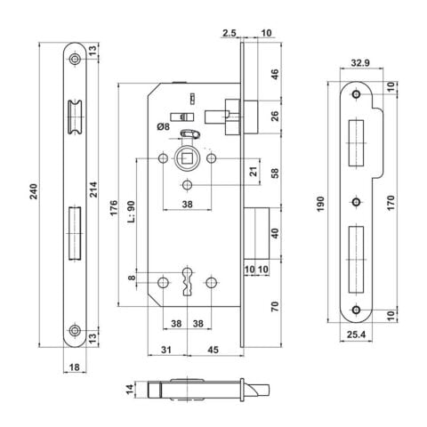 Hafele H45.01 Gömme Kilit Oda Tipi CB Mat Siyah 45/18 mm