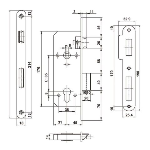 Hafele H45.01 Gömme Kilit Barelli Tip PC Mat Siyah 45/18 mm