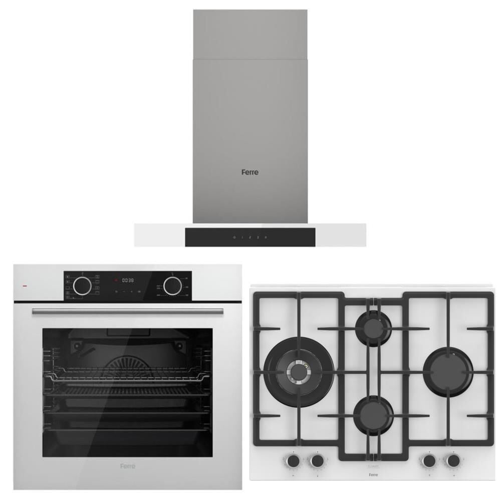 Ferre Beyaz Set ( D101 Beyaz Davlumbaz - ED076-WFA Beyaz Ocak- XE63CB Fryart Beyaz Fırın )