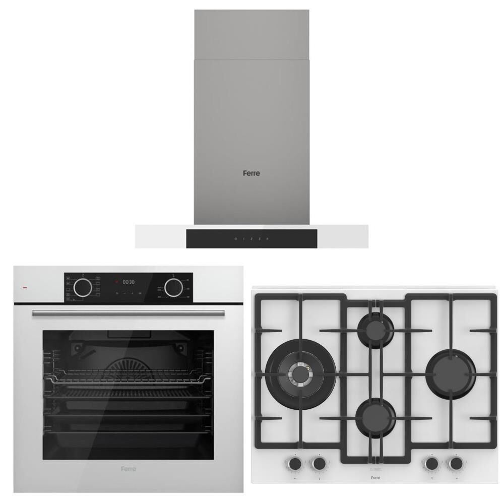 Ferre Beyaz Set ( D101 Beyaz Davlumbaz - ED076-WFA Beyaz Ocak- XE63CB Fryart Beyaz Fırın )