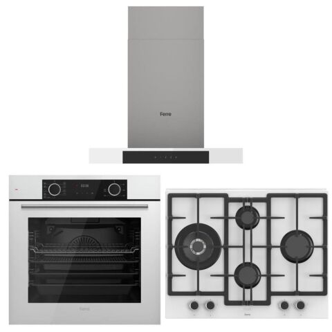 Ferre Beyaz Set ( D101 Beyaz Davlumbaz - ED076-WFA Beyaz Ocak- XE63CB Fryart Beyaz Fırın )