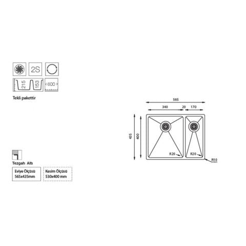 Ukinox ME 340.70 Küçük Göz Sağ Tezgah Altı Çelik Evye E120