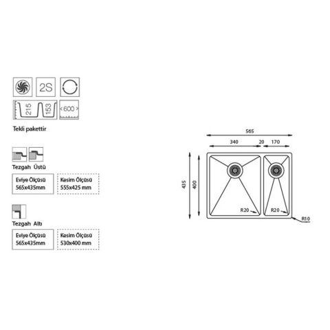 Ukinox ME 340.70 Küçük Göz Sol Tezgah Altı Evye