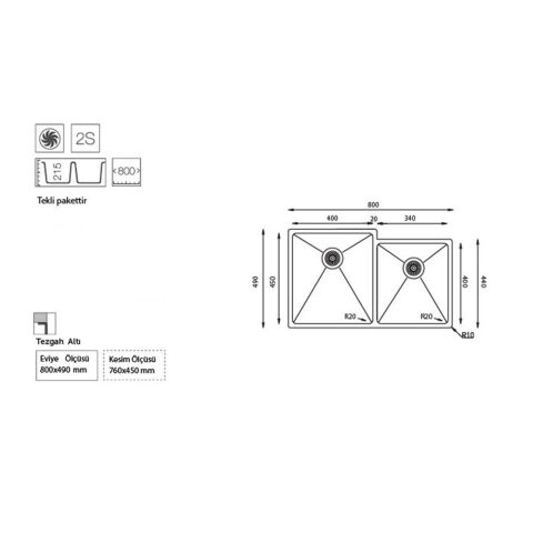 Ukinox ME 400.60.40 Küçük Göz Sağ Tezgah Altı Mutfak Evyesi