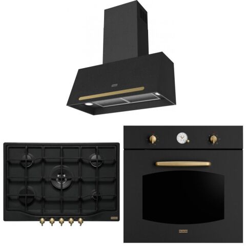 Franke Rustik Ankastre Set Nero (FCO 70 Onyx Nero Siyah Rustik Davlumbaz - FCH 755 4G TC N ON C Nero Ocak - FCO 86 H ON Nero Fırın)