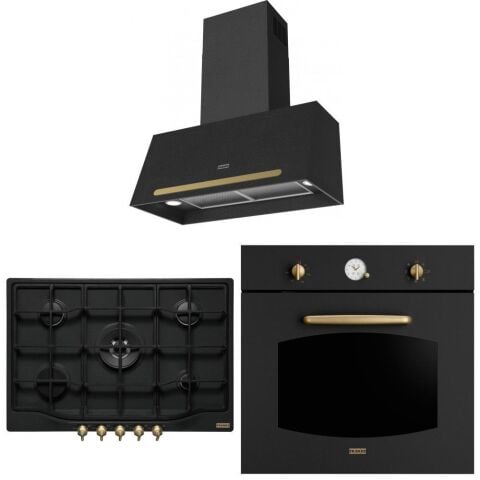 Franke Rustik Ankastre Set Nero (FCO 70 Onyx Nero Siyah Rustik Davlumbaz - FCH 755 4G TC N ON C Nero Ocak - FCO 86 H ON Nero Fırın)