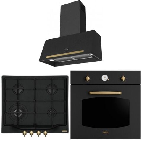Franke Rustik Ankastre Set Nero (FCO 70 Onyx Nero Siyah Rustik Davlumbaz - FCH 604 4G TC ON C Nero Ocak - FCO 86 H ON Nero Fırın)