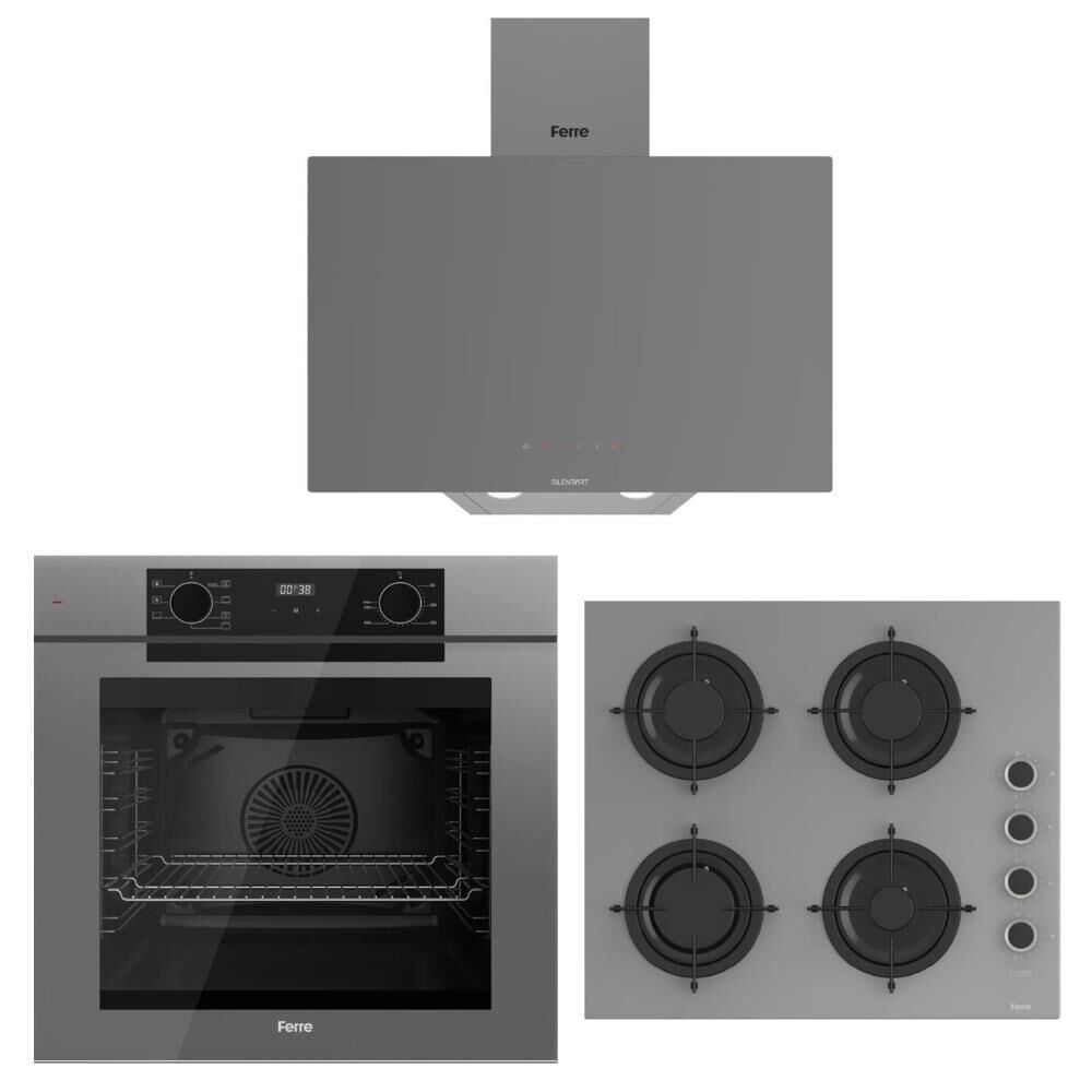 Ferre Artline Gri Ankastre Set (D079-SA Gri Davlumbaz - CS208-FA 60 CM Gri Ocak - QEP63CPR Fryart Fırın)