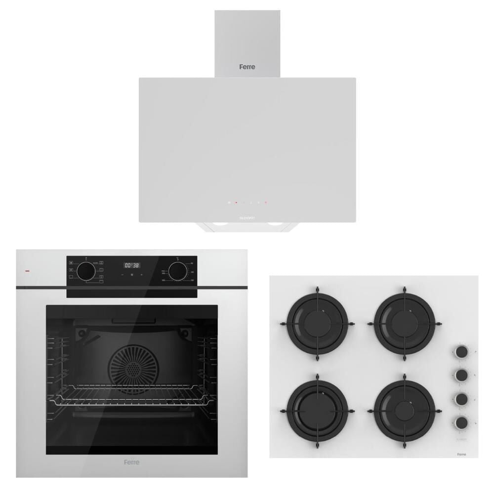 Ferre Artline Beyaz Ankastre Set (D078-SA Beyaz Davlumbaz - CS206-FA 60 CM Beyaz Ocak - QEP63CB Fryart Beyaz Fırın)