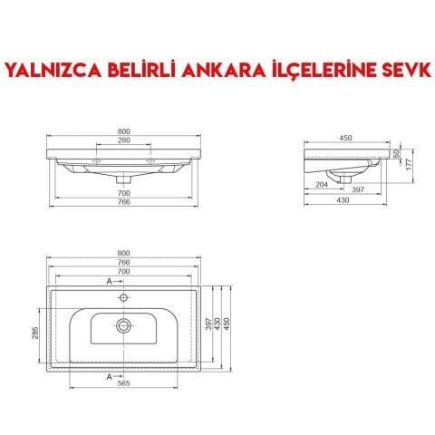 Turkuaz Frame 80x45 cm Etajerli Lavabo