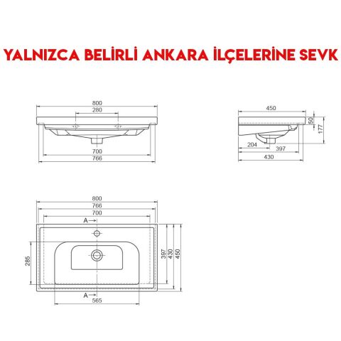 Turkuaz Frame 80x45 cm Etajerli Lavabo