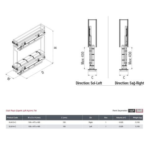 Starax 2414 Gizli Raylı Çift Açılım Sol Şişelik Krom Modül 15cm