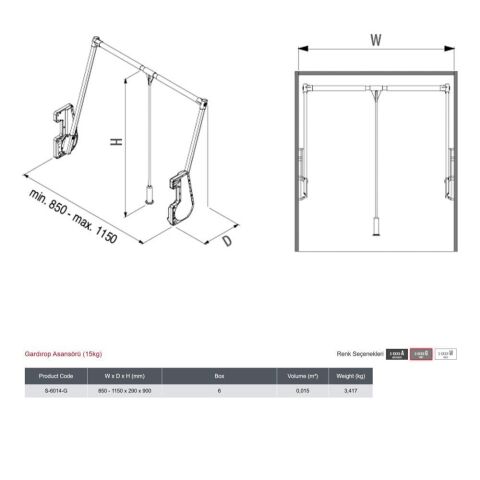 Starax 6014 Gardırop Asansörü (15Kg) Gri