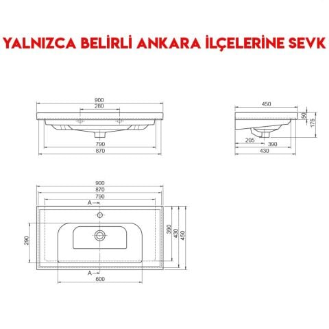 Turkuaz Frame 90x45 cm Etajerli Lavabo