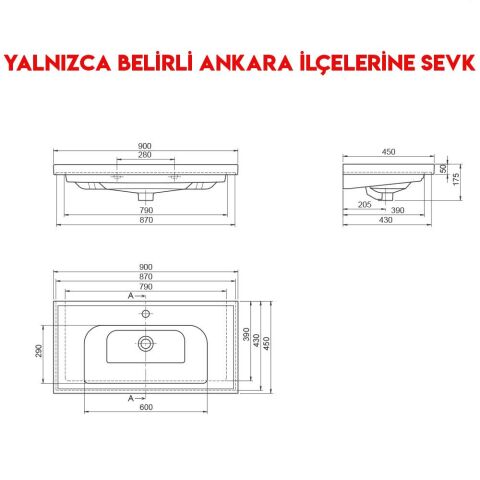 Turkuaz Frame 90x45 cm Etajerli Lavabo