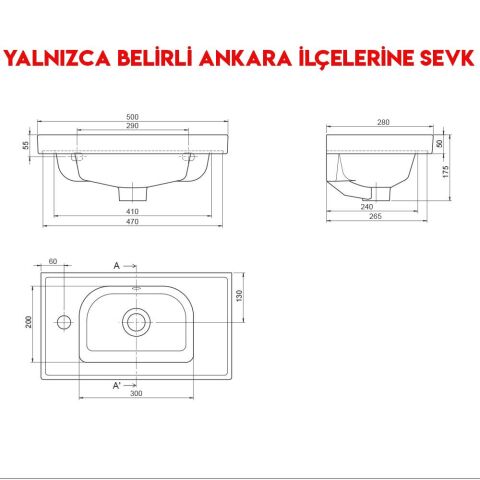 Turkuaz Frame 50x28 cm Sağdan Batarya Delikli Etajerli Lavabo