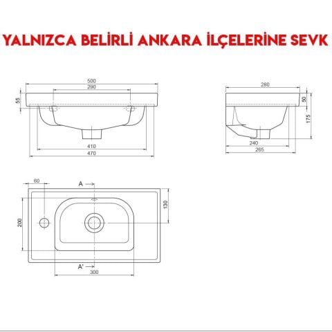 Turkuaz Frame 50x28 cm Sağdan Batarya Delikli Etajerli Lavabo