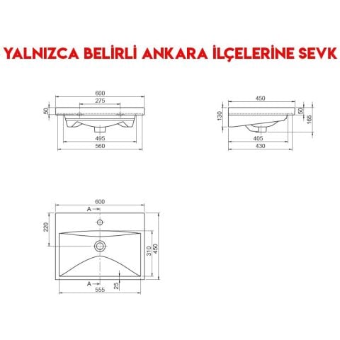 Turkuaz Elite 60x45 cm Etajerli Lavabo