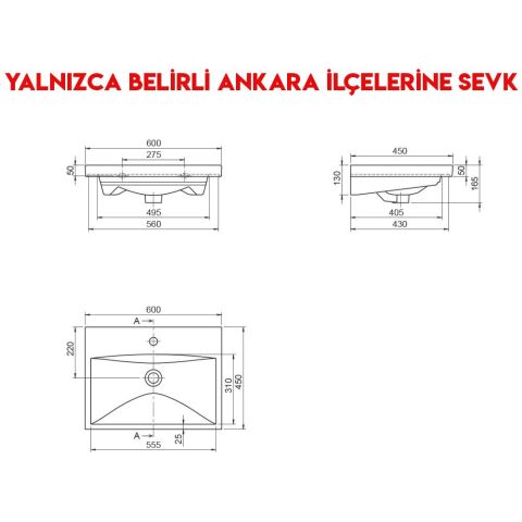 Turkuaz Elite 60x45 cm Etajerli Lavabo