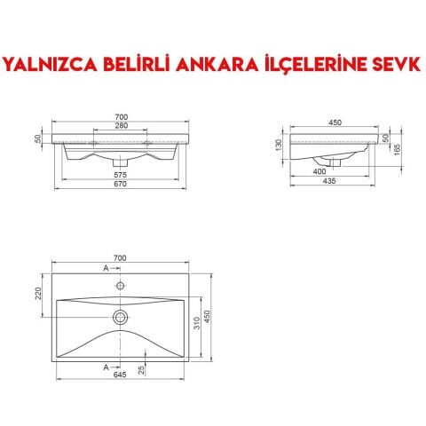Turkuaz Elite 70x45 cm Etajerli Lavabo