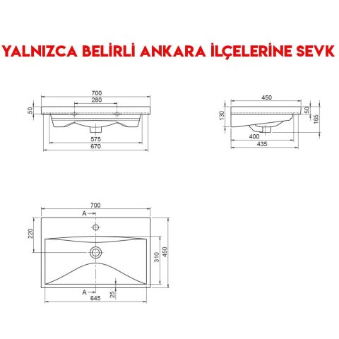 Turkuaz Elite 70x45 cm Etajerli Lavabo