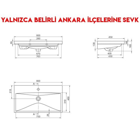 Turkuaz Elite 80x45 cm Etajerli Lavabo