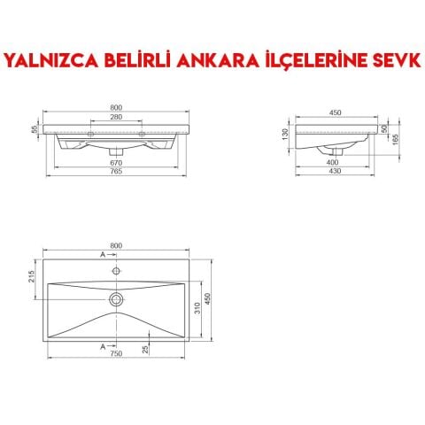 Turkuaz Elite 80x45 cm Etajerli Lavabo