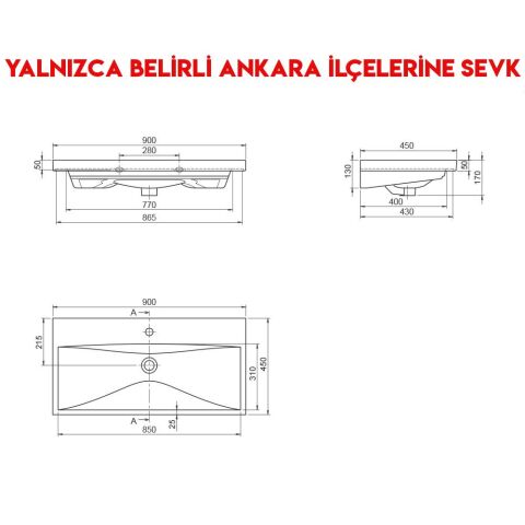 Turkuaz Elite 90x45 cm Etajerli Lavabo
