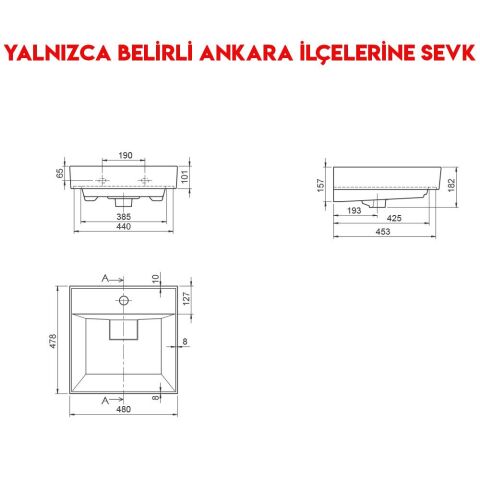 Turkuaz Sharp 48x48 cm Etajerli Lavabo