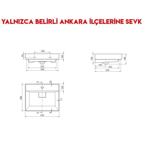 Turkuaz Sharp 60x48 cm Etajerli Lavabo