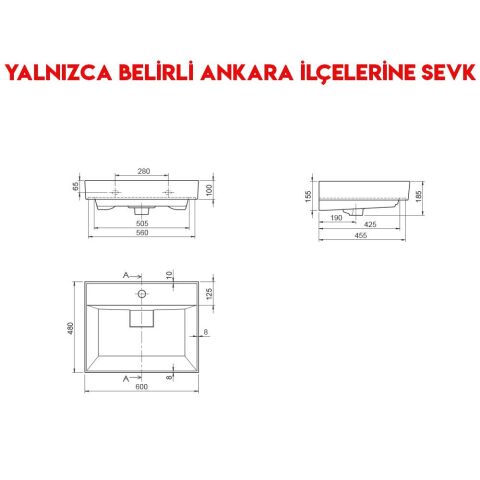 Turkuaz Sharp 60x48 cm Etajerli Lavabo