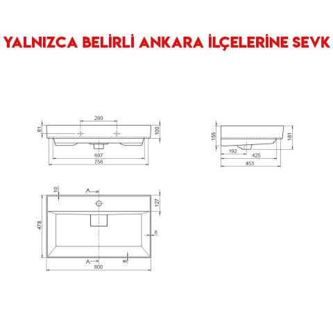 Turkuaz Sharp 80x48 cm Etajerli Lavabo