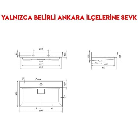 Turkuaz Sharp 80x48 cm Etajerli Lavabo