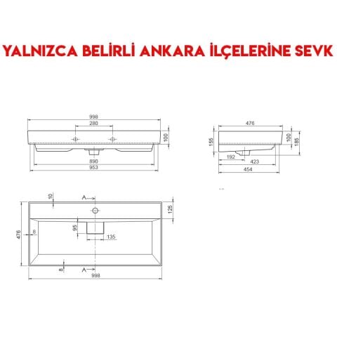 Turkuaz Sharp 100x48 cm Etajerli Lavabo