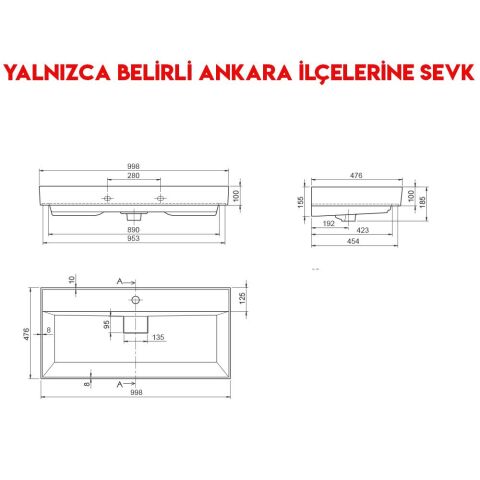 Turkuaz Sharp 100x48 cm Etajerli Lavabo