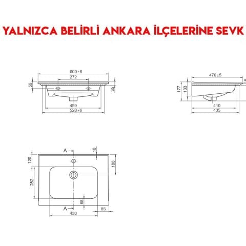 Turkuaz Blue 60x47 cm Etajerli Lavabo