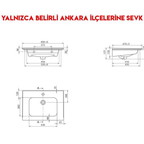 Turkuaz Blue 60x47 cm Etajerli Lavabo