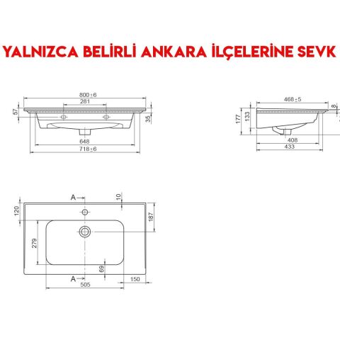 Turkuaz Blue 80x47 cm Etajerli Lavabo