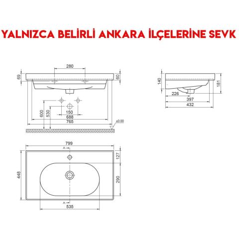Turkuaz Arya 80x45 cm Etajerli Lavabo