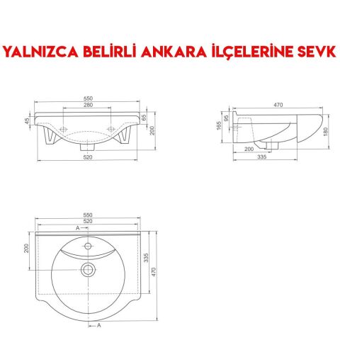 Turkuaz Nil 55x47 cm Etajerli Lavabo