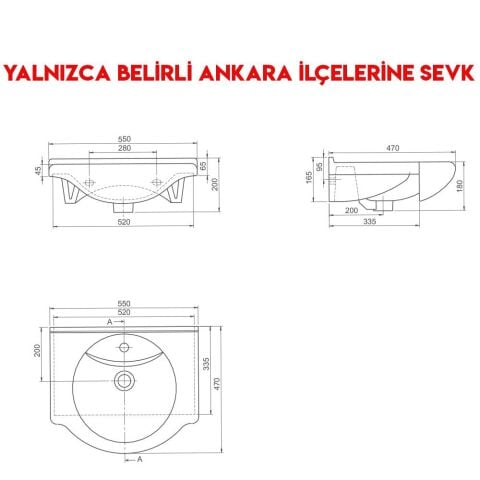Turkuaz Nil 55x47 cm Etajerli Lavabo