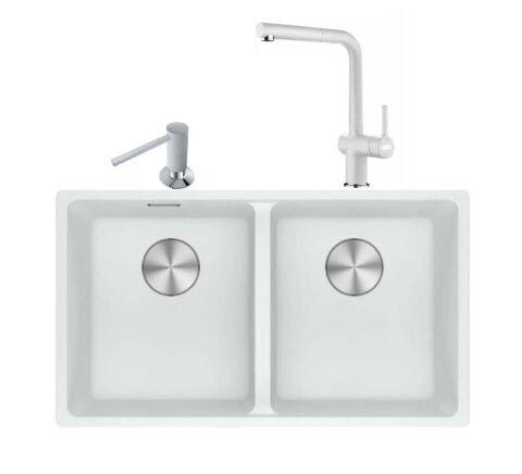 Franke Maris Mrg 120-35-35 Bianco Granit Eviye + Active Plus Doccia 2.0 Armatür + Comfort Sıvı Sabunluk Üçlü Set