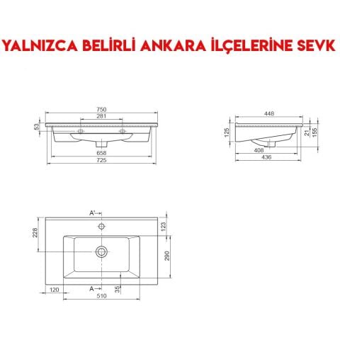 Turkuaz Arte 75x45 cm Etajerli Lavabo