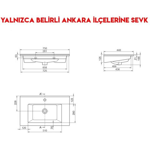 Turkuaz Arte 75x45 cm Etajerli Lavabo