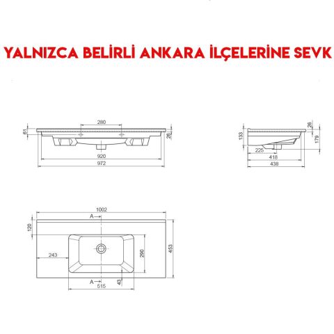 Turkuaz Arte 100x45 cm Etajerli Lavabo